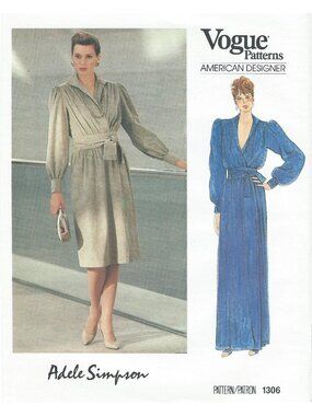 1980s Vogue 1306 Adele Simpson Size 14 B36 Wrap Dress Pattern Two Lengths CC